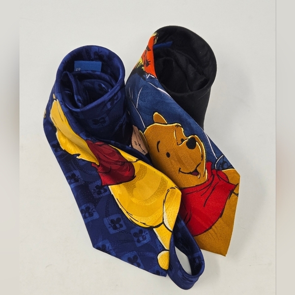 VINTAGE DISNEY WINNIE THE POOH LOT OF 2 NECKTIES MENSWEAR BLACK & BLUE MEN OS - Picture 2 of 12